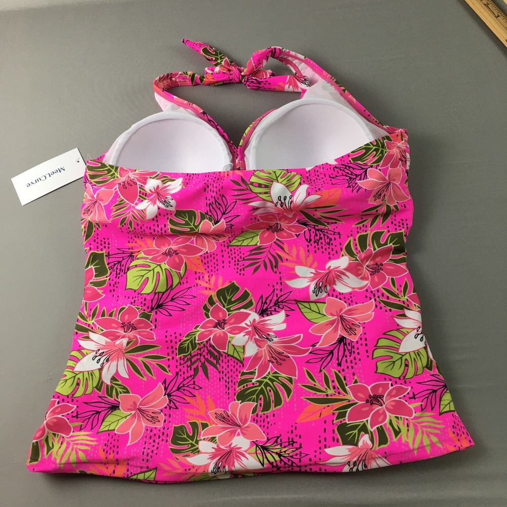 MeetCurve Pink Tropical Floral Halter Tankini Swim Top XL NWT Ruched Padded - Picture 9 of 10